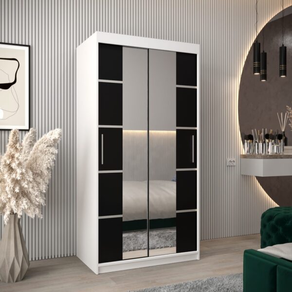 Kledingkast VITTORIA 4 100, corpus in de kleur wit, fronten zwart met een zilverkleurige lijst en spiegel