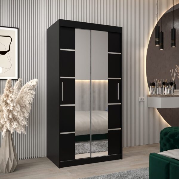 Kledingkast VITTORIA 4 100, corpus in de kleur zwart, fronten zwart met een zilverkleurige lijst en spiegel