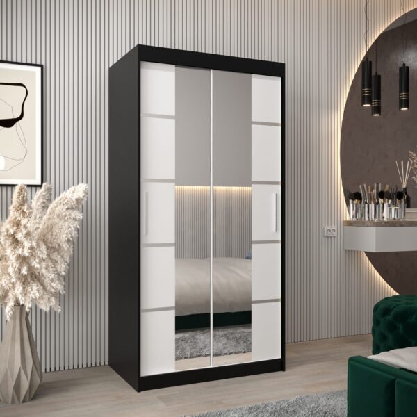 Kledingkast VITTORIA 4 100, corpus in de kleur zwart, fronten wit met een zilverkleurige lijst en spiegel