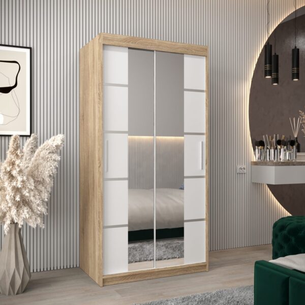Kledingkast VITTORIA 4 100, corpus in de kleur eiken sonoma, fronten wit met een zilverkleurige lijst en spiegel