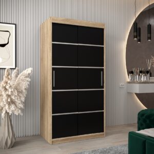 Kledingkast VITTORIA 1 100, corpus in de kleur eiken sonoma, fronten zwart met een zilverkleurige lijst