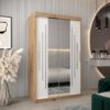 Kledingkast PURMER 1 120, romp in eiken artisan, fronten wit met zilveren lijst en spiegel.