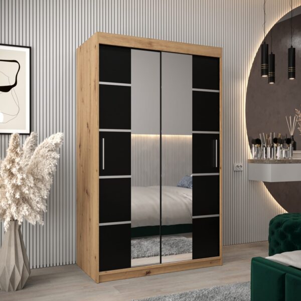 Kledingkast VITTORIA 4 120, corpus in de kleur eiken artisan, fronten zwart met een zilverkleurige lijst en spiegel
