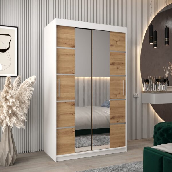 Kledingkast VITTORIA 4 120, corpus in de kleur wit, fronten eiken artisan met een zilverkleurige lijst en spiegel