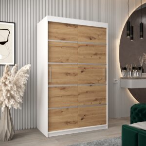 Kledingkast VITTORIA 1 120, corpus in de kleur wit, fronten eiken artisan met een zilverkleurige lijst