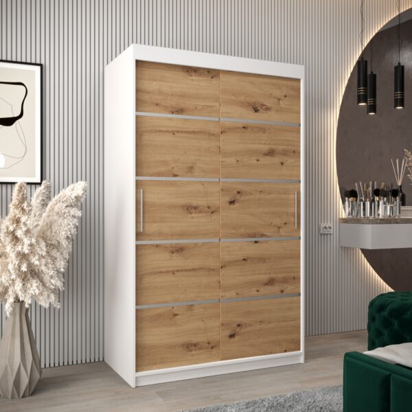 Kledingkast VITTORIA 1 120, corpus in de kleur wit, fronten eiken artisan met een zilverkleurige lijst