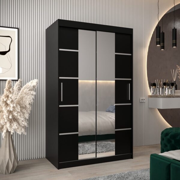 Kledingkast VITTORIA 4 120, corpus in de kleur zwart, fronten zwart met een zilverkleurige lijst en spiegel