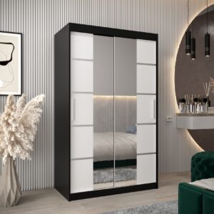 Kledingkast VITTORIA 4 120, corpus in de kleur zwart, fronten wit met een zilverkleurige lijst en spiegel