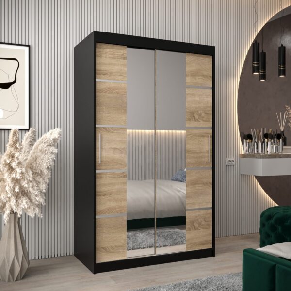 Kledingkast VITTORIA 4 120, corpus in de kleur zwart, fronten eiken sonoma met een zilverkleurige lijst en spiegel