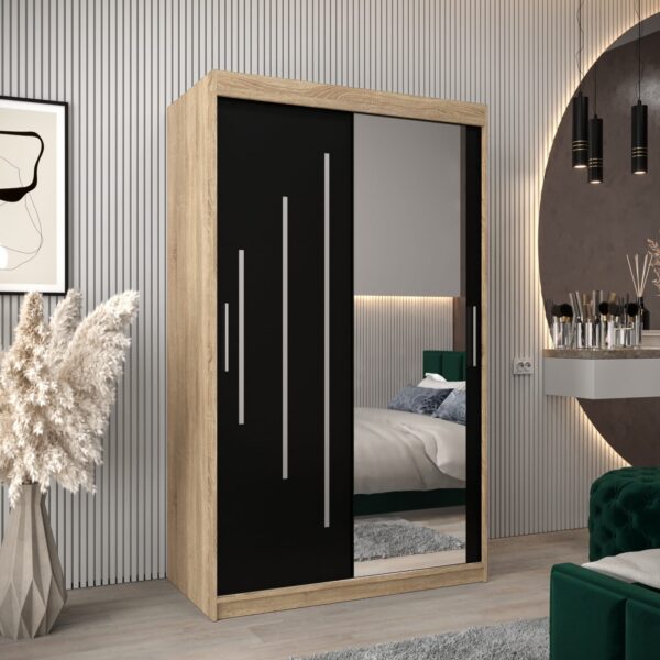 Kledingkast PURMER 2 120, romp in eiken sonoma, fronten zwart met zilveren lijst en spiegel.