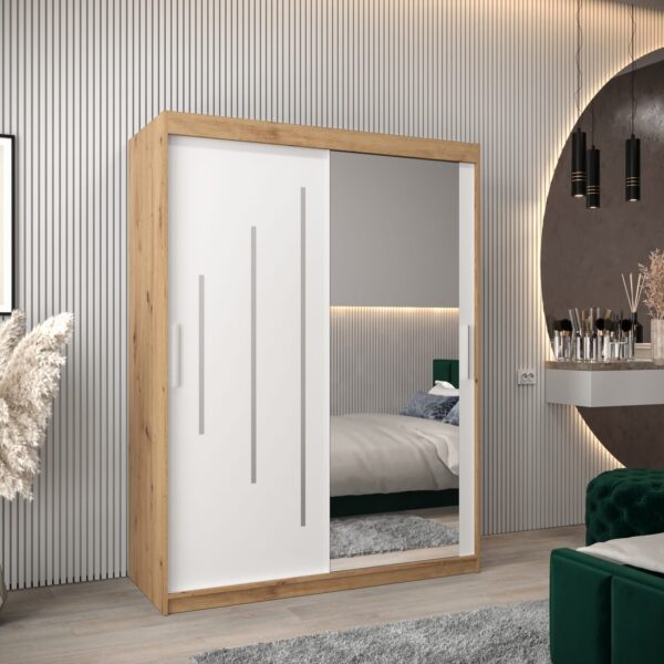 Kledingkast PURMER 2 150, romp in eiken artisan, fronten wit met zilveren lijst en spiegel.