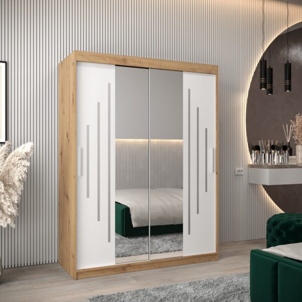 Kledingkast PURMER 1 150, romp in eiken artisan, fronten wit met zilveren lijst en spiegel.