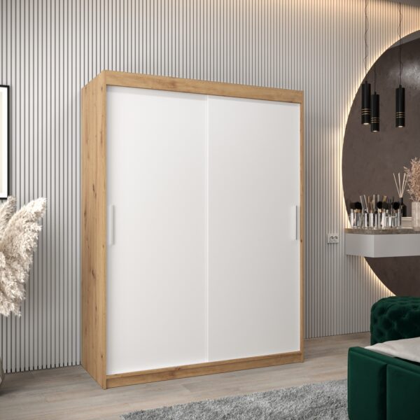 Kledingkast TOKIO 150 cm, romp in de kleur eiken artisan, fronten in wit.