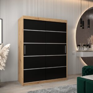 Kledingkast VITTORIA 1 150, corpus in de kleur eiken artisan, fronten zwart met een zilverkleurige lijst