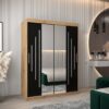 Kledingkast PURMER 1 150, romp in eiken artisan, fronten zwart met zilveren lijst en spiegel.