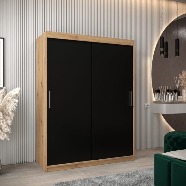 Kledingkast TOKIO 150 cm, romp in de kleur eiken artisan, fronten in zwart.