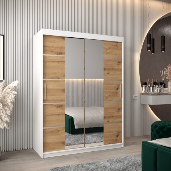 Kledingkast VITTORIA 4 150, corpus in de kleur wit, fronten eiken artisan met een zilverkleurige lijst en spiegel