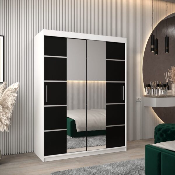 Kledingkast VITTORIA 4 150, corpus in de kleur wit, fronten zwart met een zilverkleurige lijst en spiegel