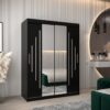 Kledingkast PURMER 1 150, romp in het zwart, fronten zwart met zilveren lijst en spiegel.