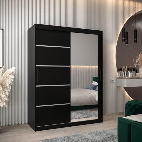 Kledingkast VITTORIA 2 150, corpus in de kleur zwart, fronten zwart met een zilverkleurige lijst en spiegel