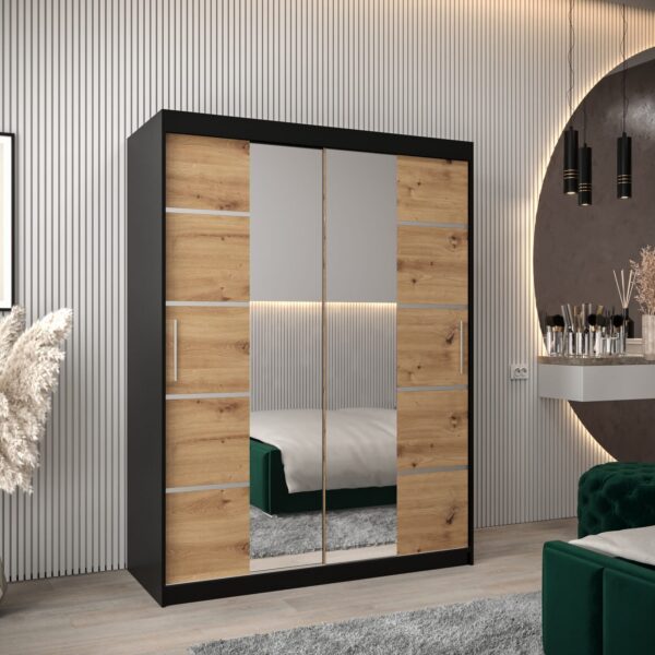 Kledingkast VITTORIA 4 150, corpus in de kleur zwart, fronten eiken artisan met een zilverkleurige lijst en spiegel