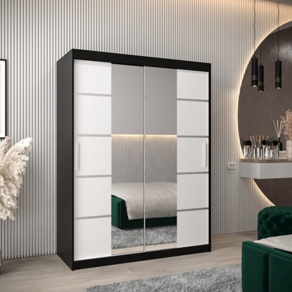 Kledingkast VITTORIA 4 150, corpus in de kleur zwart, fronten wit met een zilverkleurige lijst en spiegel