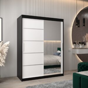 Kledingkast VITTORIA 2 150, corpus in de kleur zwart, fronten wit met een zilverkleurige lijst en spiegel