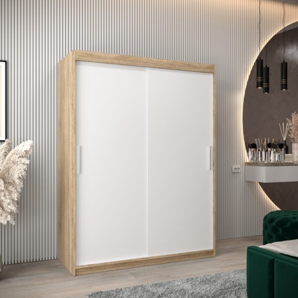 Kledingkast TOKIO 150 cm, romp in de kleur eiken sonoma, fronten in wit.