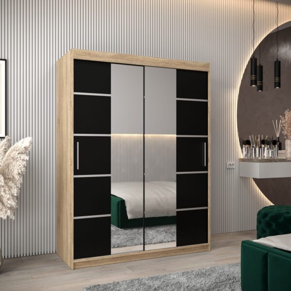 Kledingkast VITTORIA 4 150, corpus in de kleur eiken sonoma, fronten zwart met een zilverkleurige lijst en spiegel