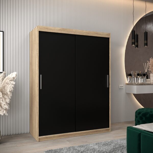 Kledingkast TOKIO 150 cm, romp in de kleur eiken sonoma, fronten in zwart.