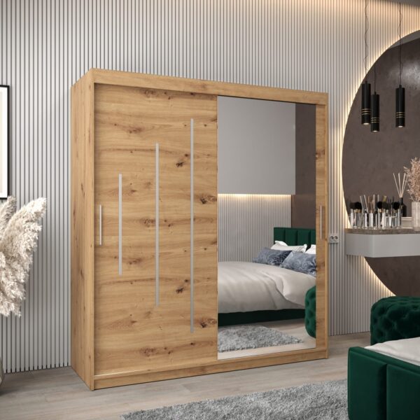 Kast PURMER 2 180, romp in de kleur eiken artisan, fronten eiken artisan met een zilveren sierlijst en spiegel.