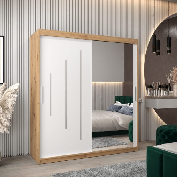 Kast PURMER 2 180, romp in de kleur eiken artisan, witte fronten met een zilveren sierlijst en spiegel.