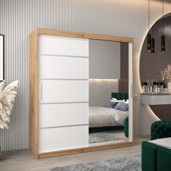 Kledingkast VITTORIA 2 180, romp in artisan eiken kleur, witte fronten met een zilverkleurige lijst en een spiegel.