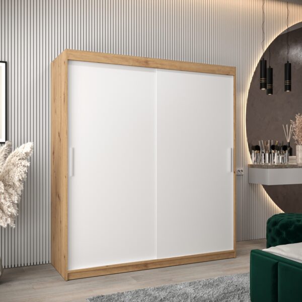Kledingkast TOKIO 180 cm, romp in de kleur eiken artisan, fronten in wit.