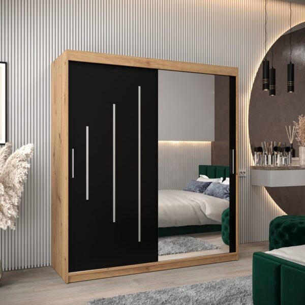 Kast PURMER 2 180, romp in de kleur eiken artisan, zwarte fronten met een zilveren sierlijst en spiegel.