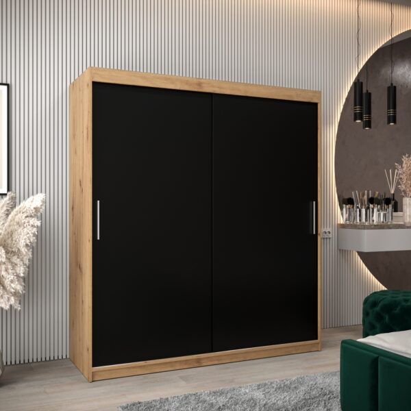 Kledingkast TOKIO 180 cm, romp in de kleur eiken artisan, fronten in zwart.