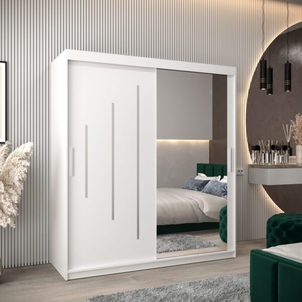 Kast PURMER 2 180, romp in de kleur wit, witte fronten met een zilveren sierlijst en spiegel.