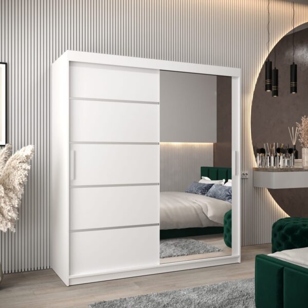 Kledingkast VITTORIA 2 180, romp in witte kleur, witte fronten met een zilverkleurige lijst en een spiegel.