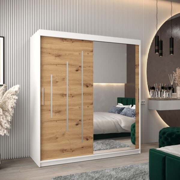 Kast PURMER 2 180, romp in de kleur wit, fronten eiken artisan met een zilveren sierlijst en spiegel.