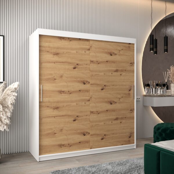 Kledingkast TOKIO 180 cm, romp in de kleur wit, fronten in eiken artisan.