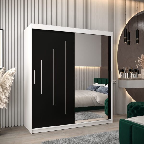 Kast PURMER 2 180, romp in de kleur wit, zwarte fronten met een zilveren sierlijst en spiegel.