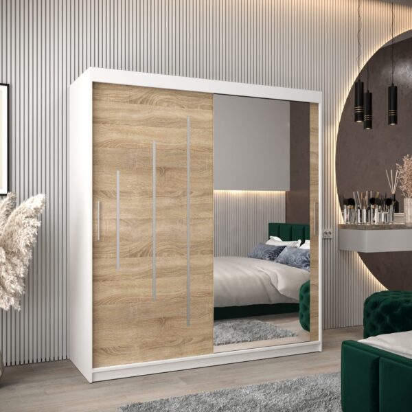 Kast PURMER 2 180, romp in de kleur wit, fronten eiken sonoma met een zilveren sierlijst en spiegel.