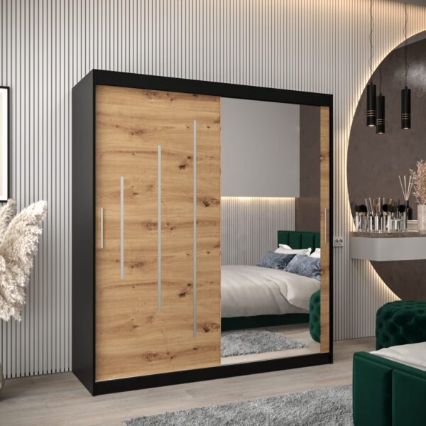 Kast PURMER 2 180, romp in de kleur zwart, fronten eiken artisan met een zilveren sierlijst en spiegel.