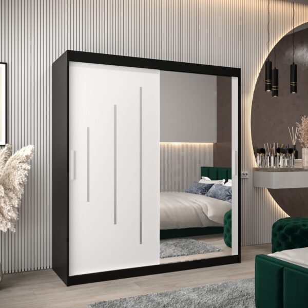 Kast PURMER 2 180, romp in de kleur zwart, witte fronten met een zilveren sierlijst en spiegel.