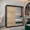 Kast PURMER 2 180, romp in de kleur zwart, fronten eiken sonoma met een zilveren sierlijst en spiegel.