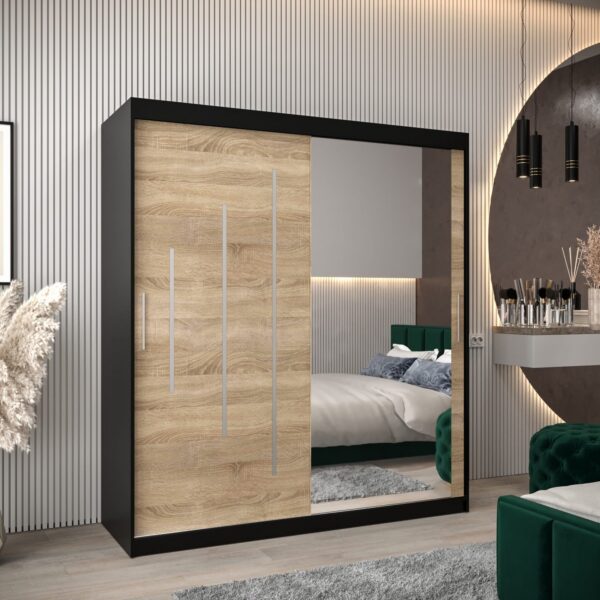 Kast PURMER 2 180, romp in de kleur zwart, fronten eiken sonoma met een zilveren sierlijst en spiegel.
