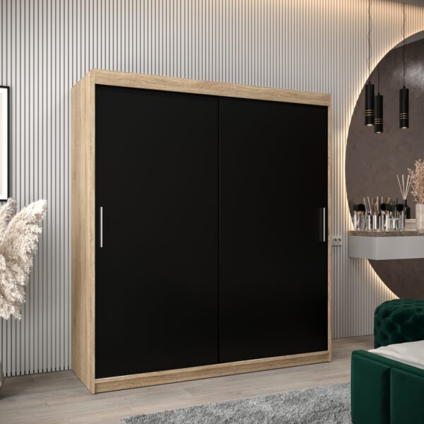 Kledingkast TOKIO 180 cm, romp in de kleur eiken sonoma, fronten in zwart.