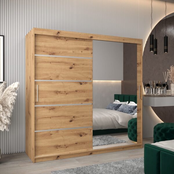 Kledingkast VITTORIA 2 200, romp in artisan eiken kleur, fronten in artisan eiken met een zilverkleurige lijst en een spiegel.