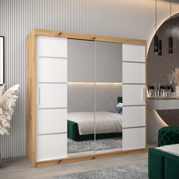Kledingkast VITTORIA 4 200, romp in artisan eiken kleur, witte fronten met een zilverkleurige lijst en een spiegel.