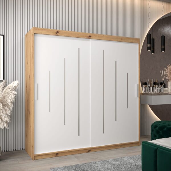 Kast PURMER 200, romp in de kleur eiken artisan, witte fronten met een zilveren sierlijst.